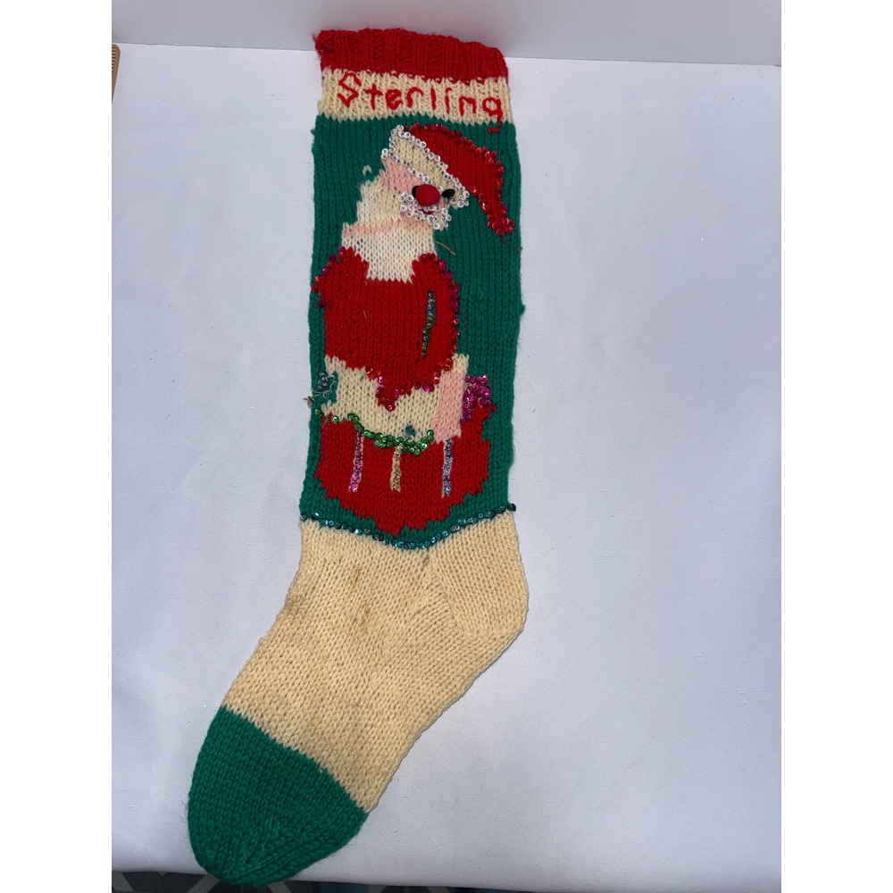 Vintage Hand Knit Christmas Stocking Santa Sequin Beaded Sterling Green Red 22in